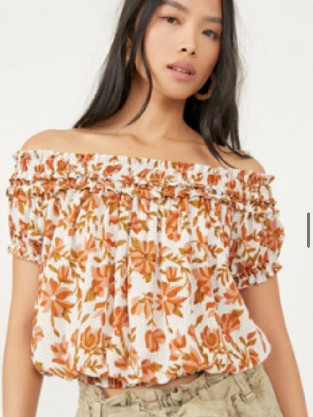 Free People Off-Shoulder Floral Crop Top - White & Rust